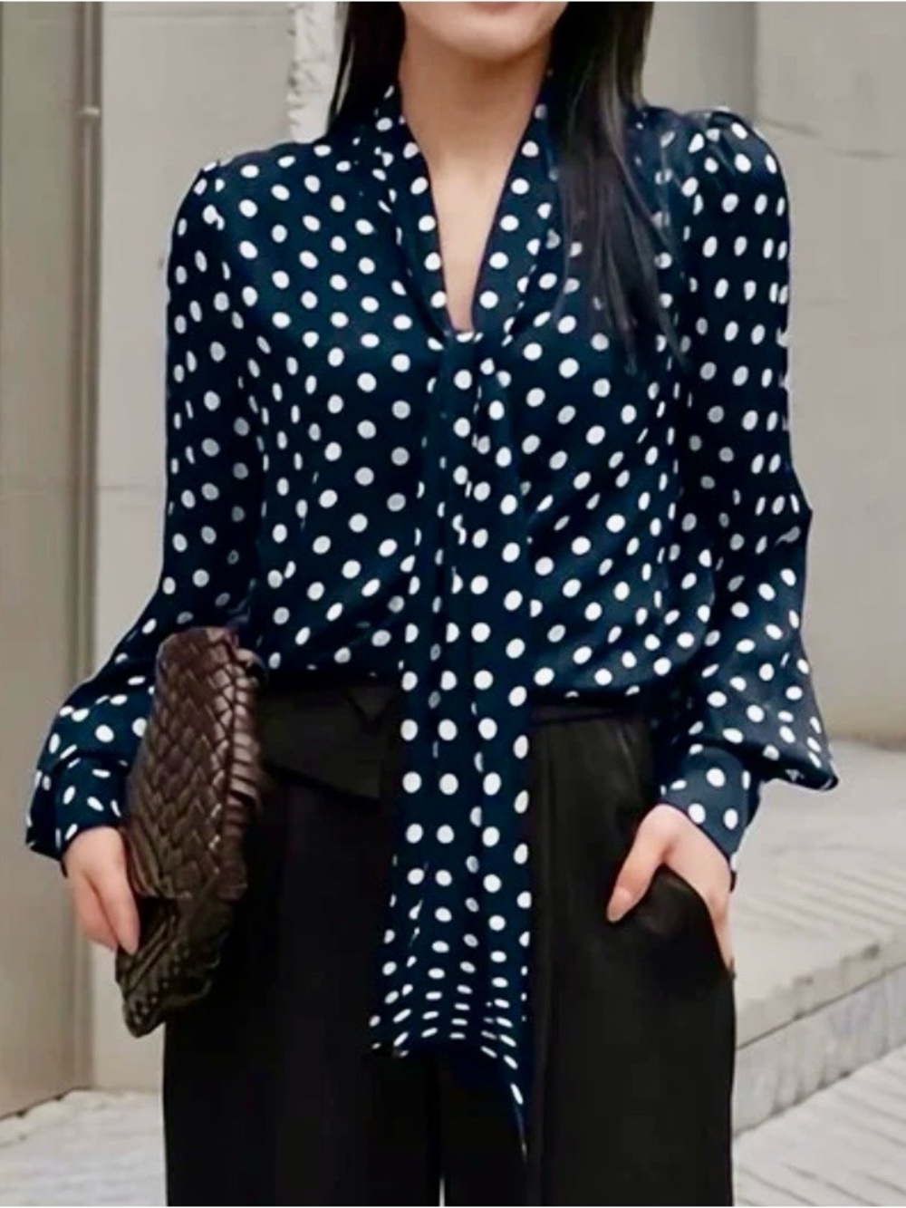 100% Silk Navy & White Polka Dot Tie-Neck Blouse